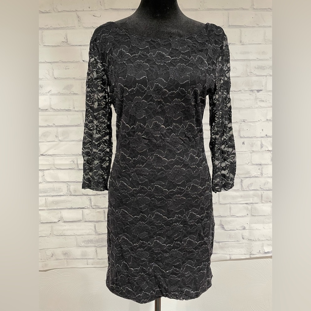 VGUC As U Wish Women’s Juniors Large Fitted Sparkly Black & Silver Dress w/ Lace